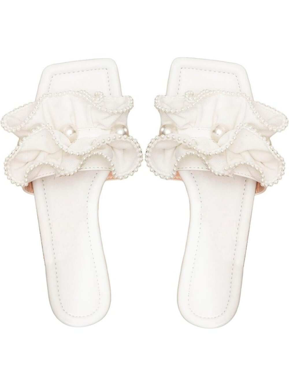Women's White Summer Ruffle Pearl Wedding Square Toe Slip on Slides Flat Slipper